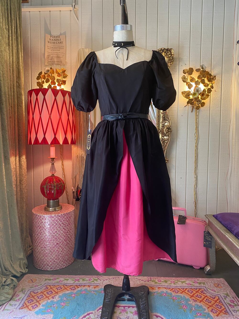 vintage 1980s black peplum party dress, 80s fashion, puff sleeves, magenta satin